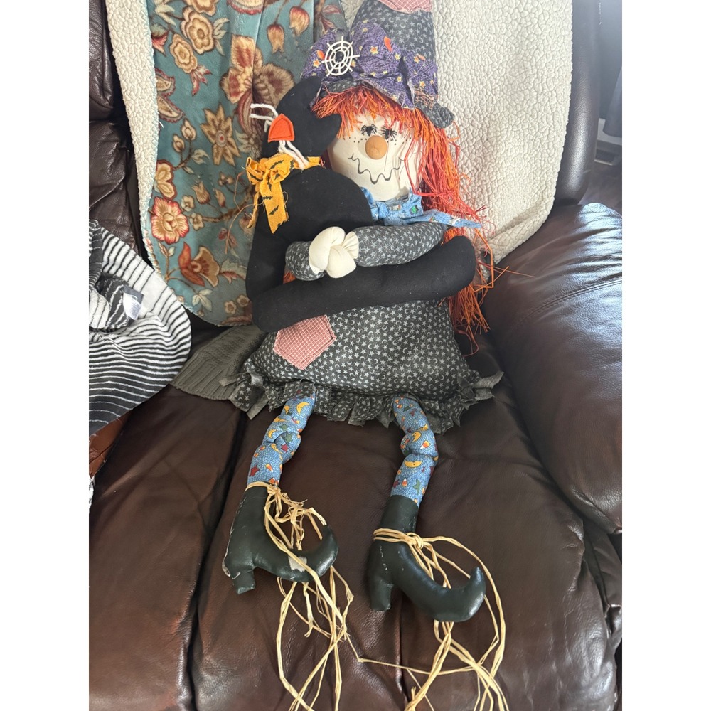 Halloween Vintage Witch Doll with Crow Large Folk Art Farmhouse Decor Rag Doll